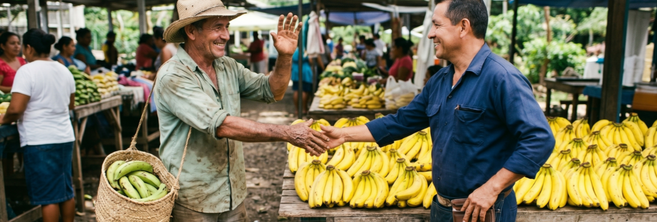 Zwei Männer, die sich auf einem Markt die Hand geben