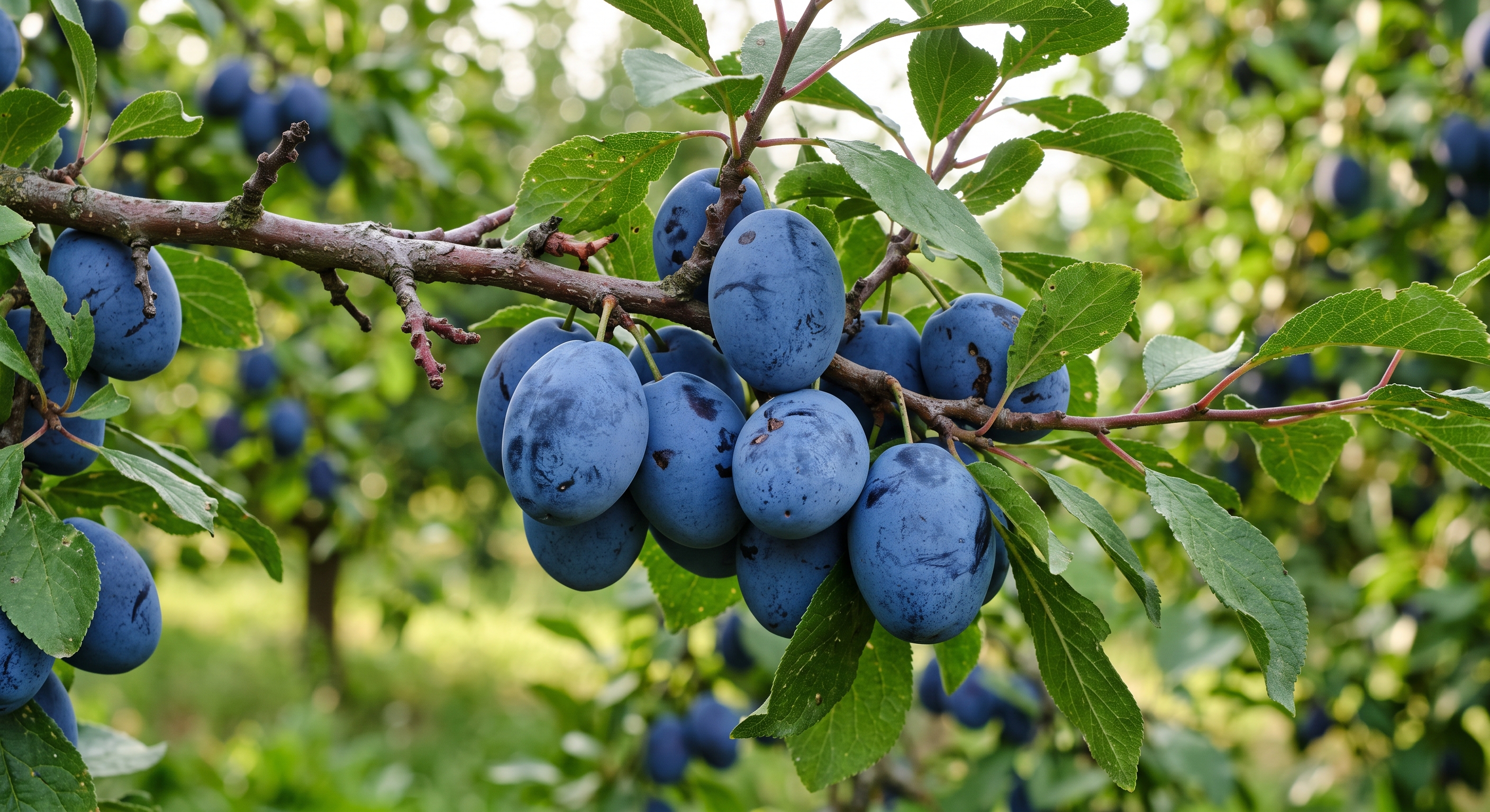 Reife blaue Zwetschgen mit weißem Duftfilm an einem Ast