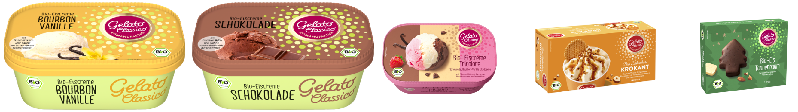 Die Eiscreme-Becher: Bourbon Vanille, Schokolade, Tricolore, Krokant und Tannenbaum