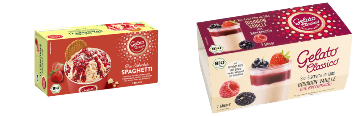 Der Spaghetti-Eisbecher und das Eisdessert im Glas