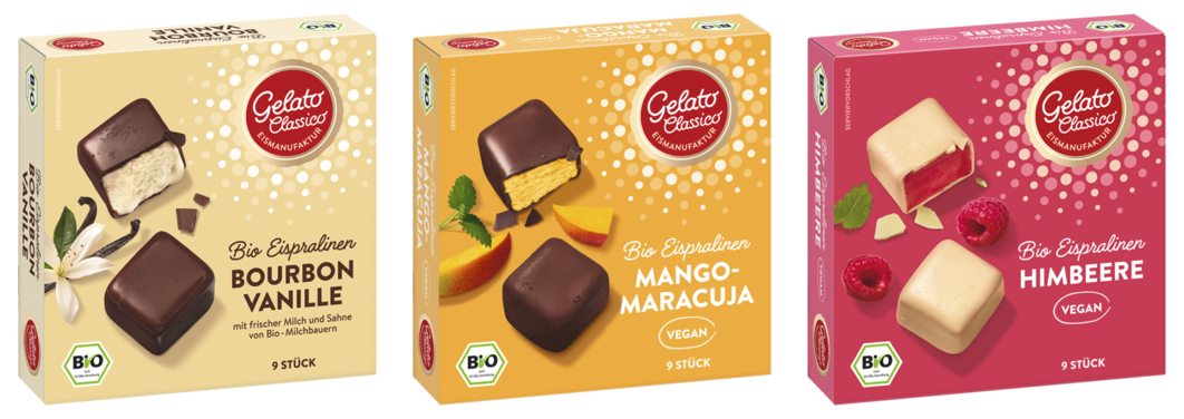 Die Eispralinen: Bourbon-Vanille, Mango-Maracuja und Himbeere