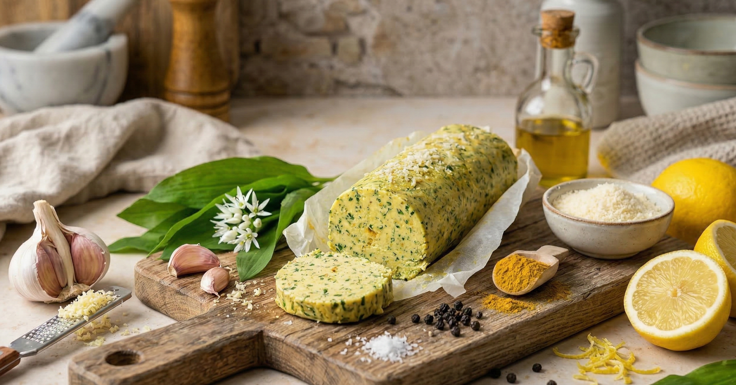 Bild von einer Rolle Bärlauch-Curry-Butter auf einem Holzbrett