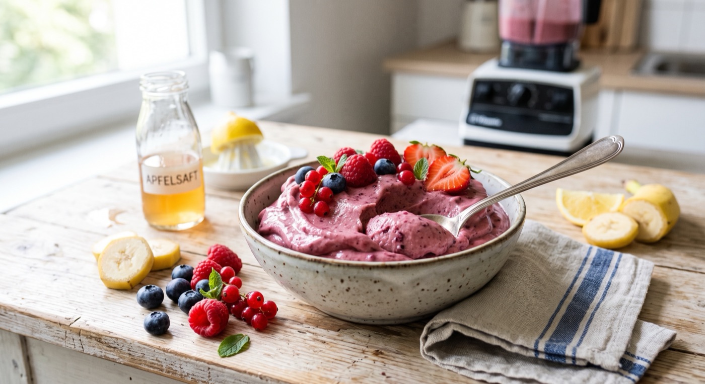 Eine Schale mit cremigem Beeren-Bananen-Eis, garniert mit frischen Beeren, daneben Bananen und eine Flasche Apfelsaft