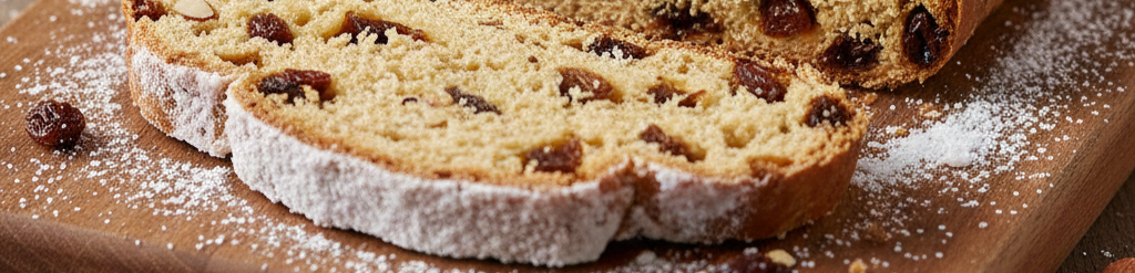 Bild eines fertigen Stückchens Christstollen