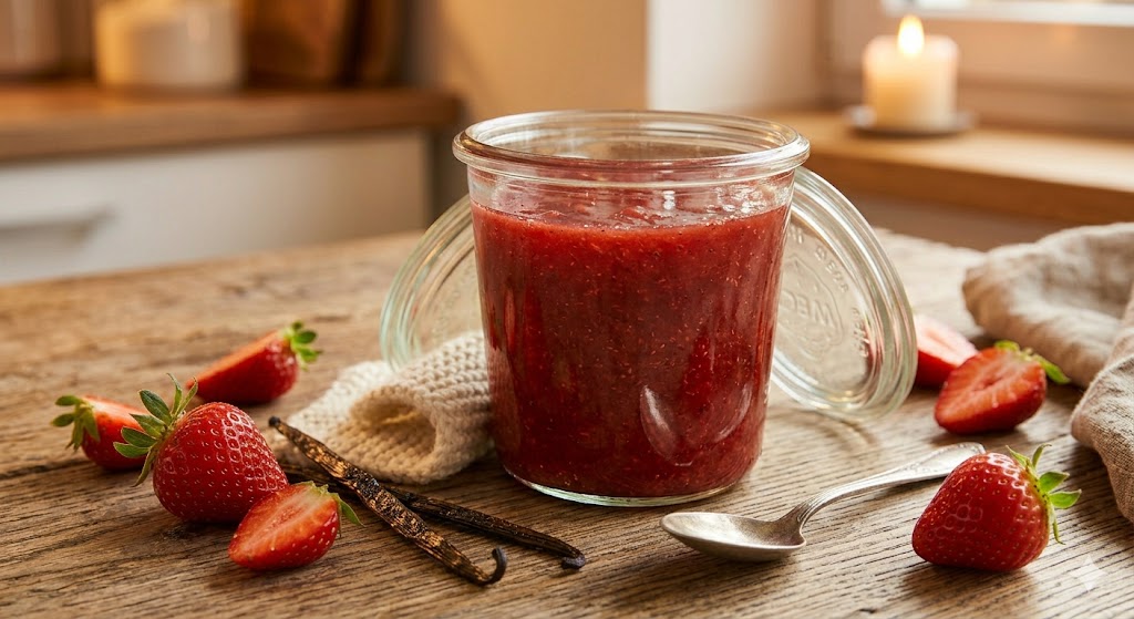 Ein Glas Marmelade mit umgeben von frischen Erdbeeren und Vanilleschoten