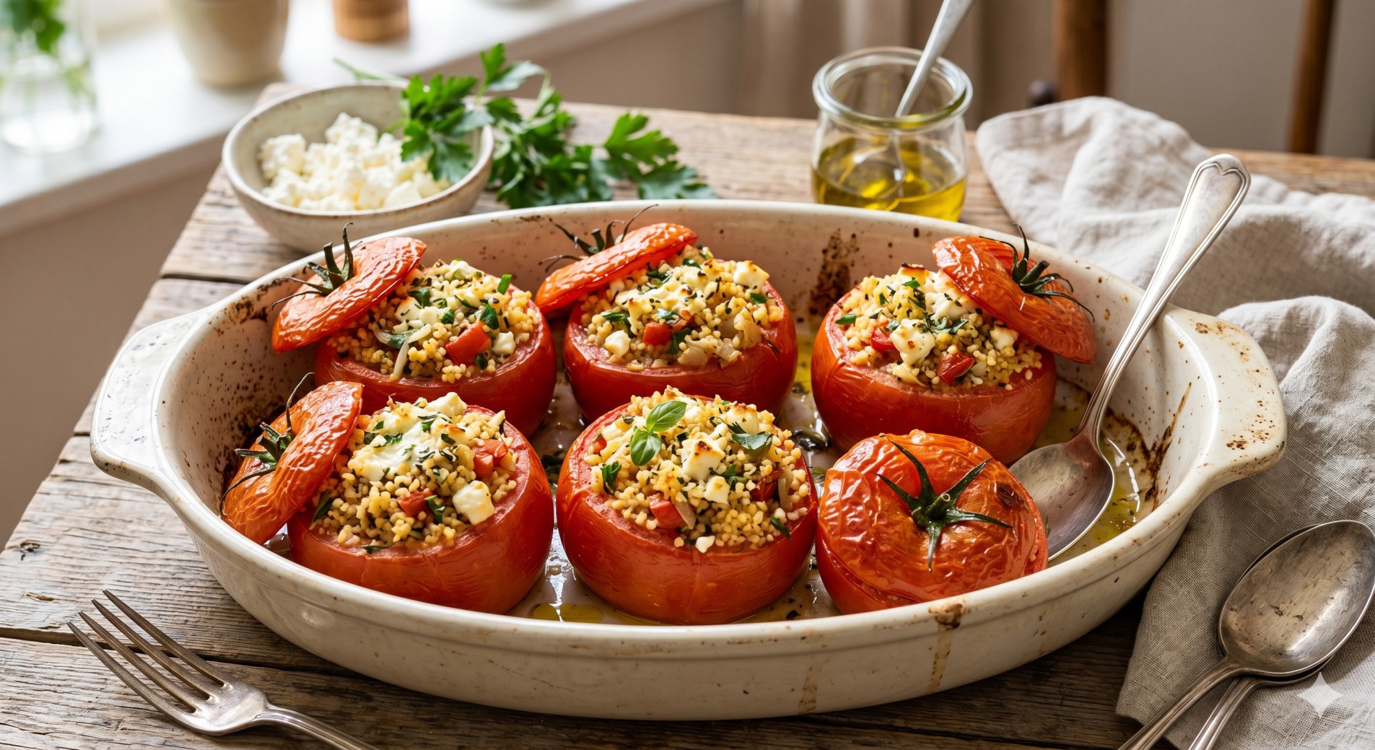 Ein paar fertige gefüllte Tomaten in einer Auflaufform auf einem Holztisch