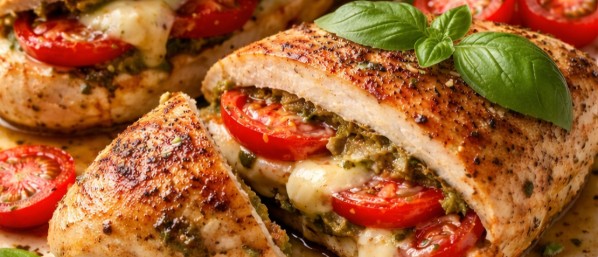 Bild mit einer angeschnittenen Hähnchenbrust, gefüllt mit Pesto, Mozzarella und Tomate