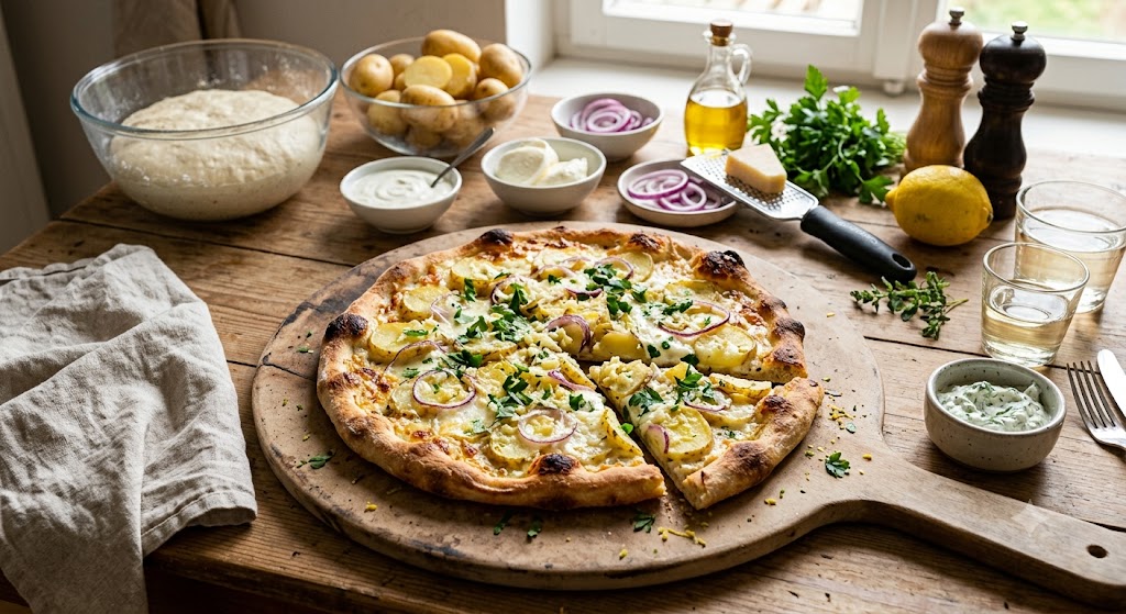 Eine Pizza mit Kartoffelscheiben belegt, serviert auf einem runden Holzbrett und umgeben und allen Zutaten