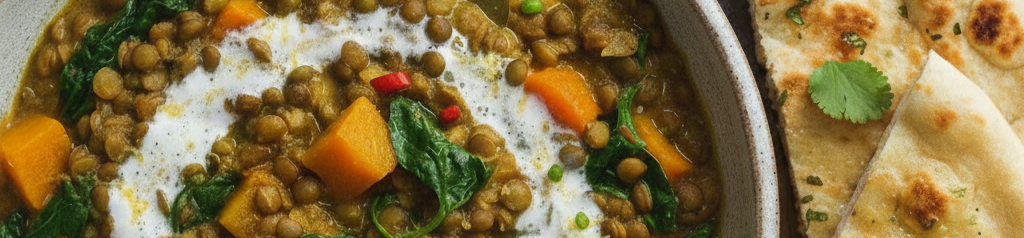 Bild eines fertigen Linsen-Spinat-Curries mit Naan-Brot