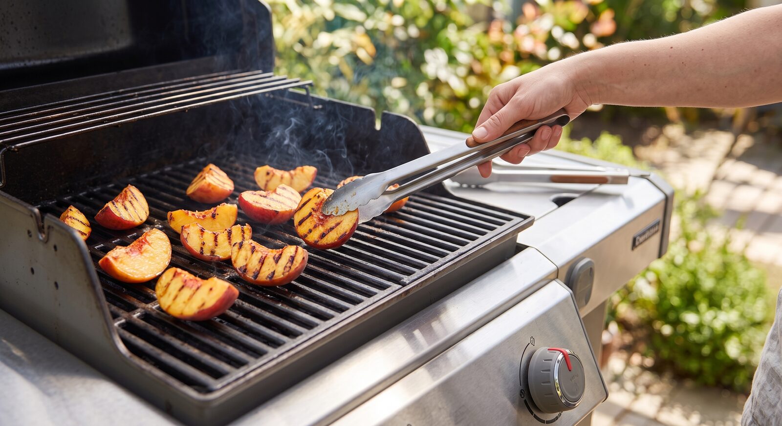 Pfirsichspalten werden auf dem Grill gewendet