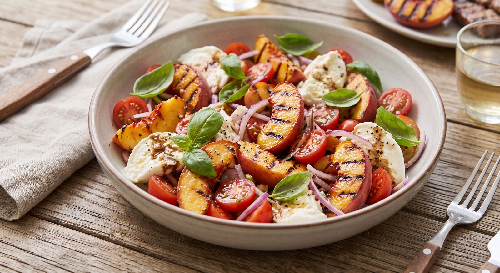 Eine Schale Pfirsich-Tomaten-Salat mit gegrillten Pfirsichspalten, Mozzarella, roten Zwiebeln und frischem Basilikum
