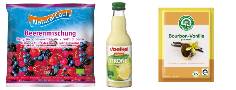 Die Zutaten aus unserem Laden: Beerenmischung von Natural Cool, Zitronen-Direktsaft von Voelkel und gemahlene Bourbon-Vanille von Lebensbaum