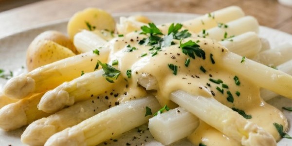 Eine Teller mit Spargel, Sauce Hollandaise und Kartoffeln