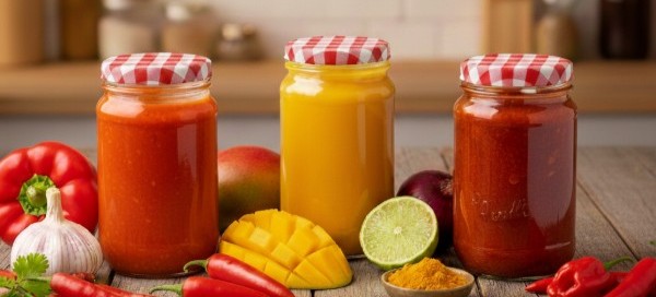 Bild mit drei Einmachgläsern voll Sauce