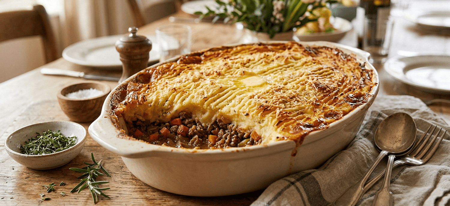 Bild von einer Auflaufform mit einem Shepherd’s Pie auf einem gedeckten Tisch